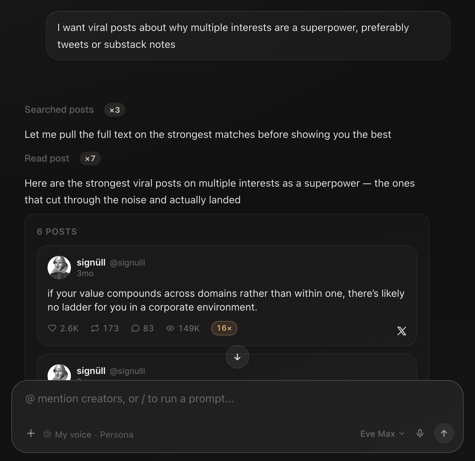 Eden searching high-performing posts and returning the strongest matches inside a chat