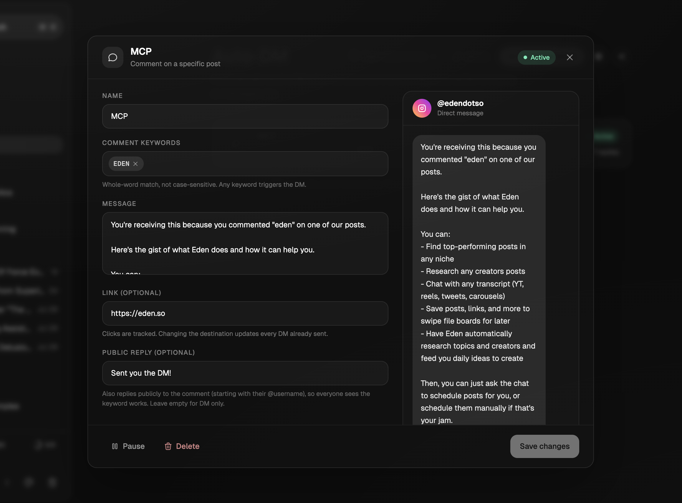 An Eden Auto-DM automation showing sends, clicks, and click-through rate