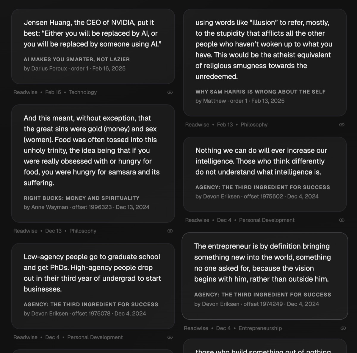 Highlights synced from Kindle, Snipd, and Readwise collected in one searchable list