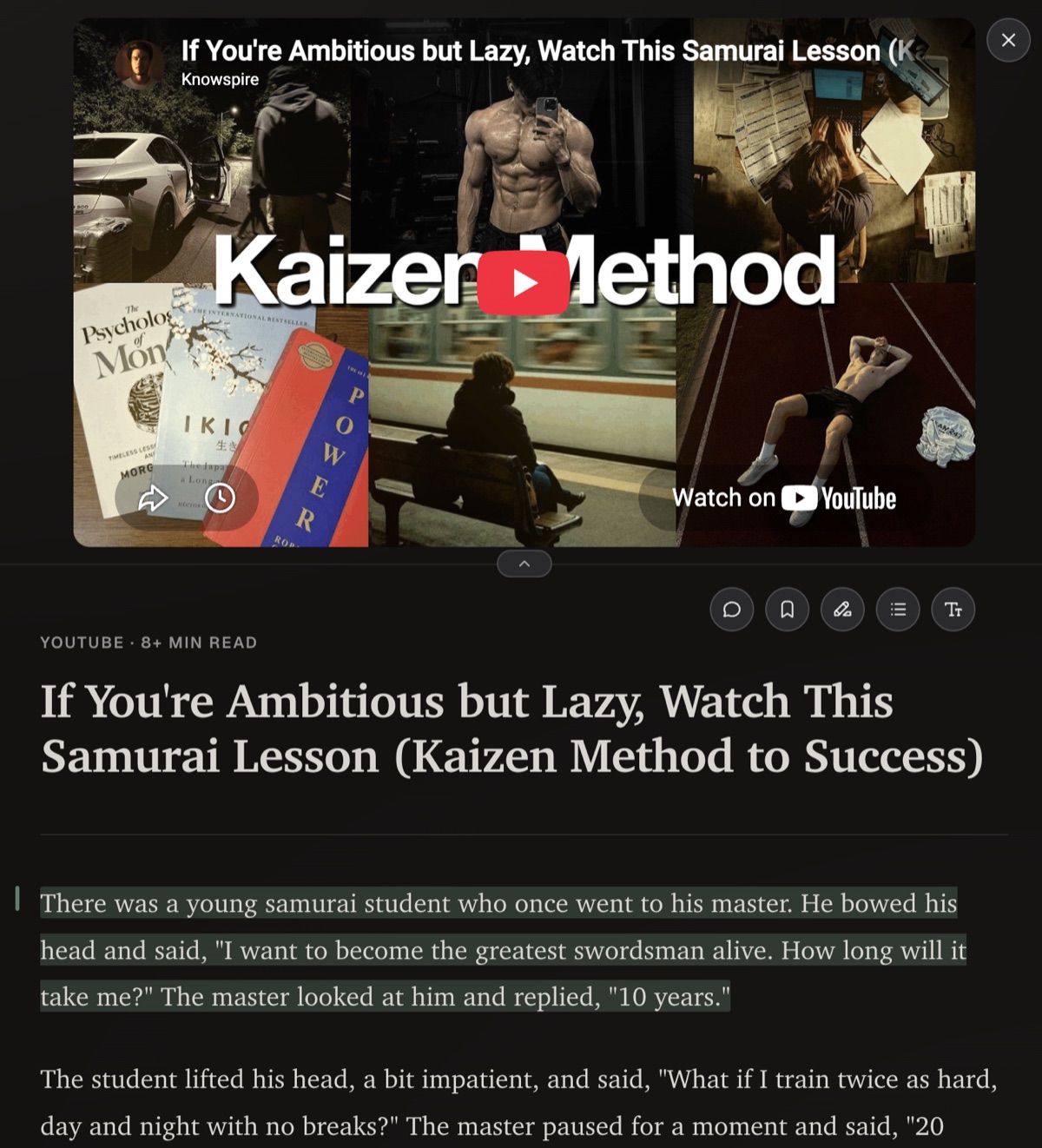 An article open in Eden's Reader mode with a highlighted passage saved to the library