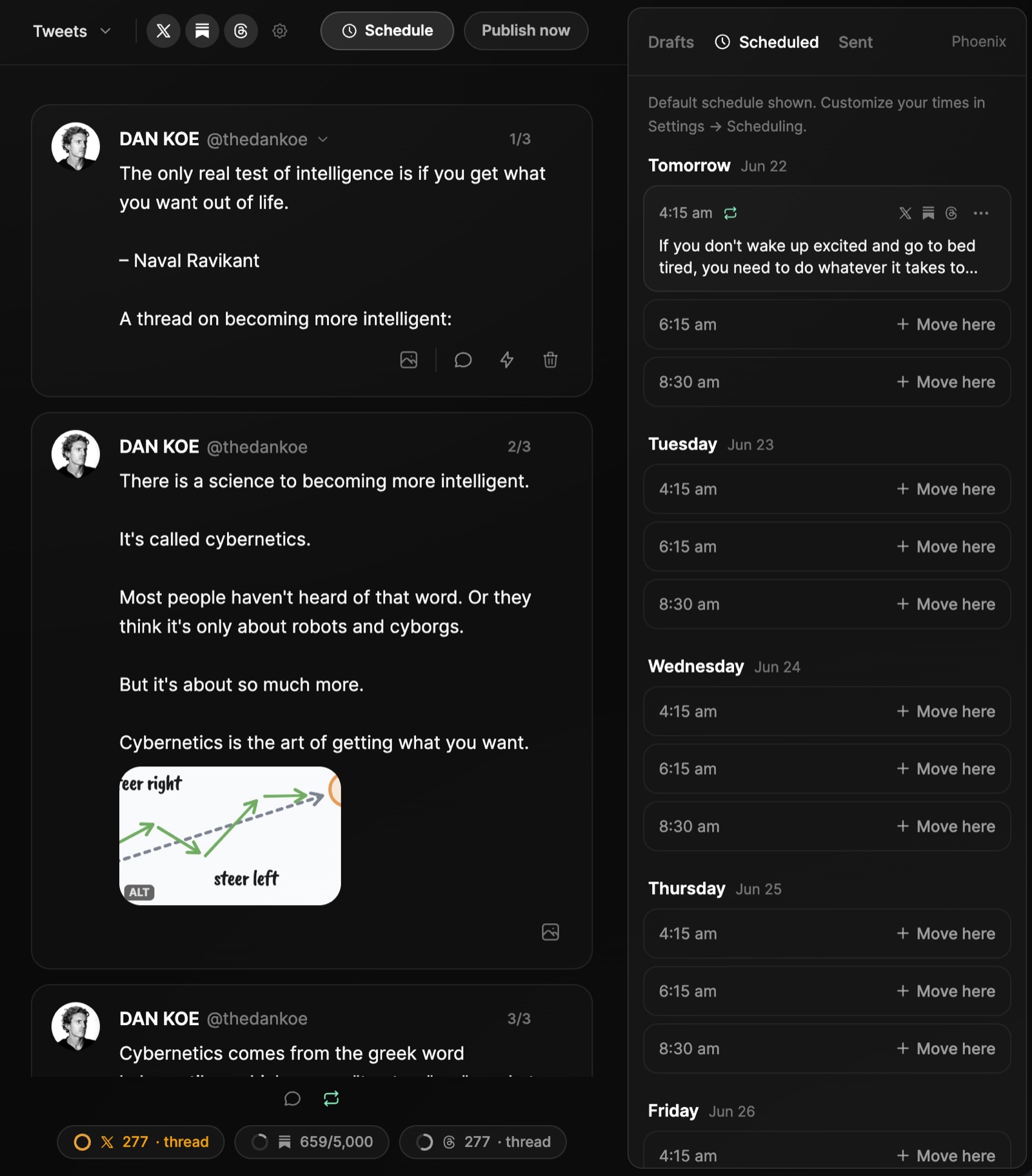 A week of scheduled posts across platforms in Eden's scheduler